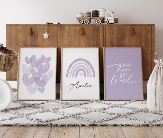Purple Nursery Wall Art Set, Rainbow Name Print, You Are So Loved Poster