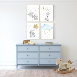 Blue and Gold Elephant Nursery Print: Moon & Stars Wall Art