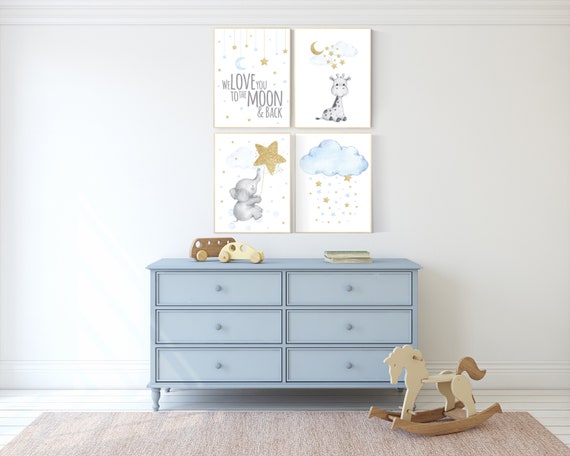 Nursery decor boy elephant, blue and gold nursery, we love you to the moon and back, blue nursery wall art, cloud and stars, giraffe nursery