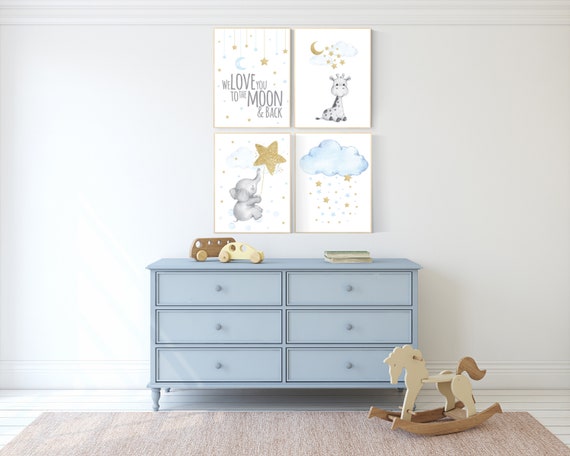 Nursery decor boy elephant, blue and gold nursery, we love you to the moon and back, blue nursery wall art, cloud and stars, giraffe nursery