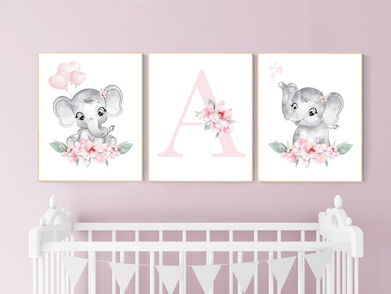 Nursery decor girl elephant, nursery decor girl flower, nursery decor girl floral, Boho baby room, pink nursery decor, flower baby room