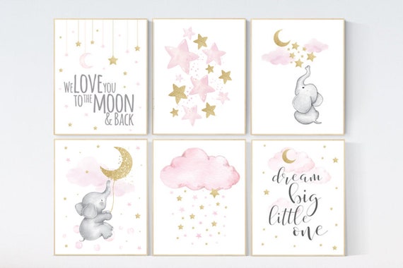 We love you to the moon and back, giraffe elephant, Pink gold nursery, girl room wall art, moon nursery, Nursery decor girl, baby room print