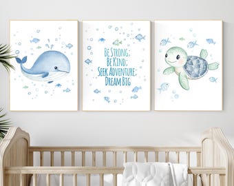 Watercolor Ocean Nursery Art Prints: Whale, Turtle, Quote