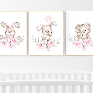 May include: Three watercolor illustrations of cute animals with pink flowers. The first image features a brown bunny with a pink bow, the second image features a brown bear with a pink bow and a star, and the third image features a brown bear with a pink bow.