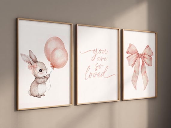 Blush pink bunny nursery art, watercolor rabbit print, "you are so loved" baby room decor, pastel bow nursery print, baby girl nursery art