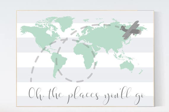 Mint nursery decor, Oh the places you'll go, world map nursery decor neutral, nursery map print, mint and gray nursery decor, adventure