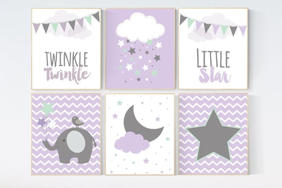 Nursery decor girl purple teal, twinkle twinkle little one, elephant nursery, lilac and mint nursery prints, cloud nursery, lavender, purple