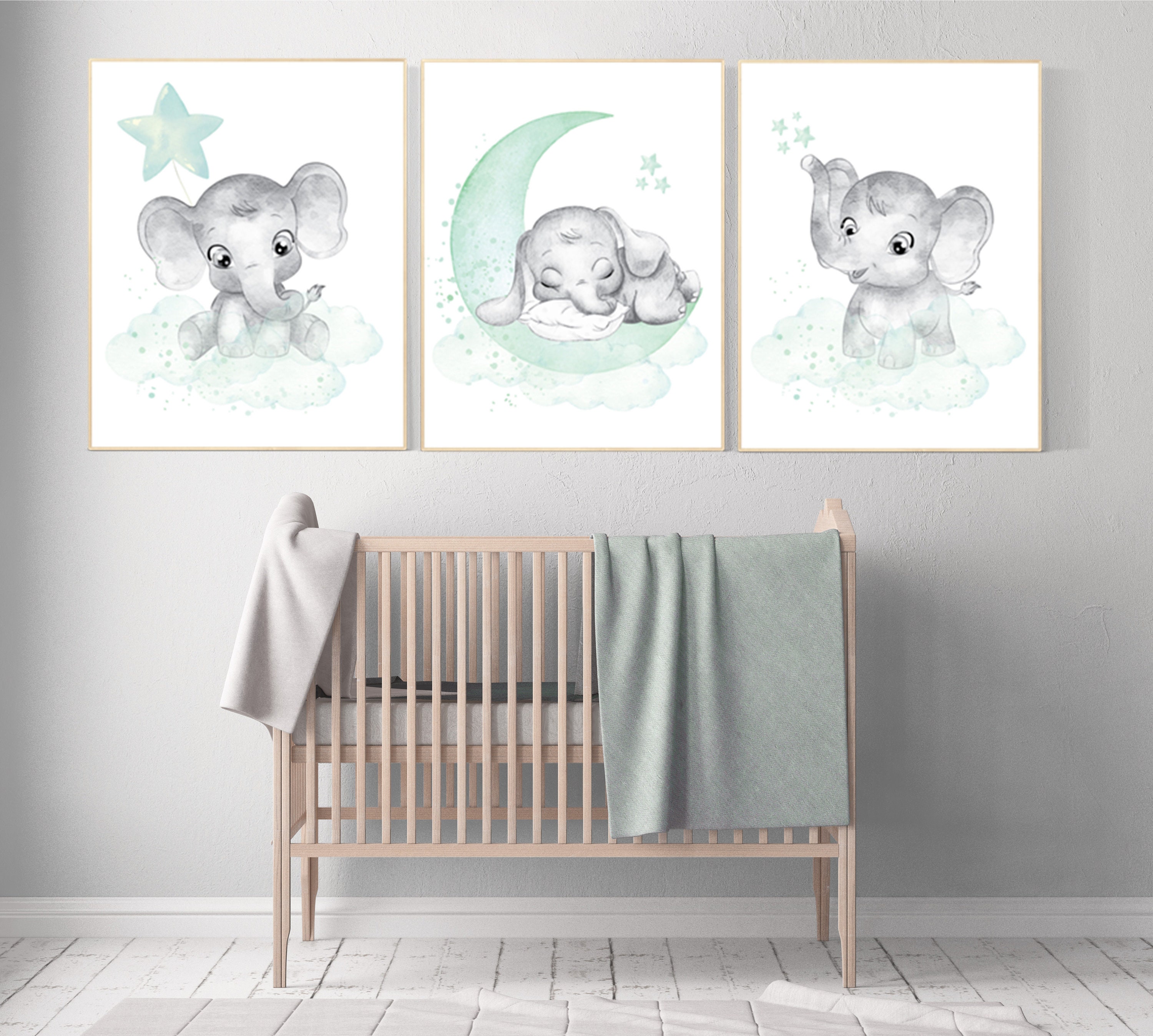 Elephant nursery art, elephant nursery print, mint nursery decor, baby