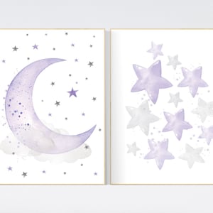 Nursery decor girl purple, nursery decor girl lavender and gray, lilac nursery, purple nursery, cloud, moon and stars, baby room wall, stars