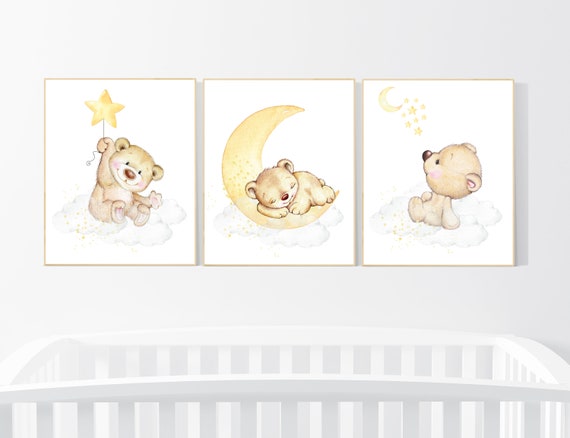 Nursery decor bear, gender neutral nursery wall art, yellow nursery, bear nursery print, teddy bear decor, nursery wall art animals, yellow