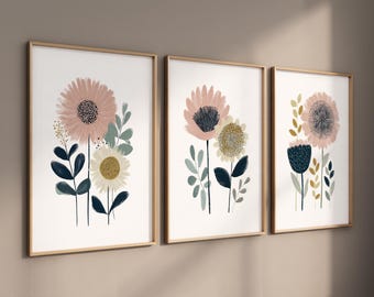 Blush Floral Nursery Wall Art Set of 3, Boho Flower Prints