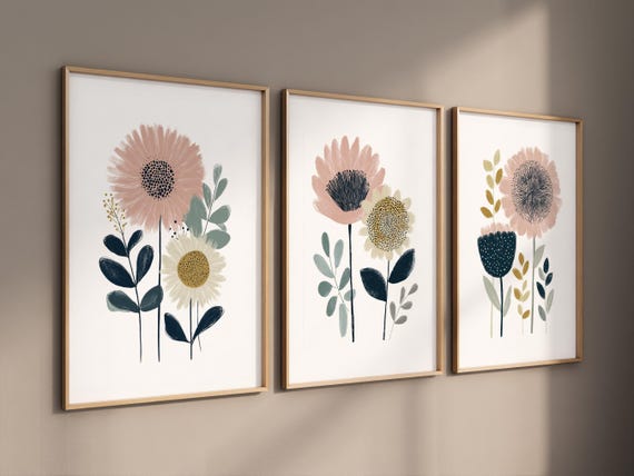 Blush Floral Nursery Wall Art Set of 3, Boho Flower Prints