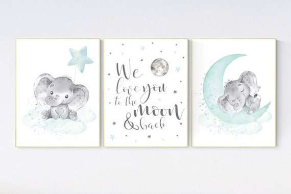 Elephant nursery art, elephant nursery print, teal nursery decor, we love you to the moon and back, gender neutral, teal, moon and stars