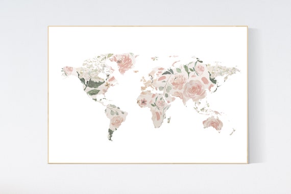 Floral World Map, Girl Nursery Decor, Travel Nursery Art, floral Nursery Print,  blush nursery, Nursery baby girl room, girl room decor