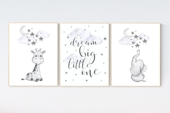 Nursery decor girl giraffe, Nursery decor girl purple, purple nursery print, nursery decor elephant, elephant giraffe, dream big little one