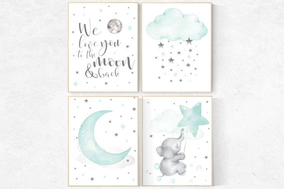 Nursery decor elephant, Mint nursery, gender neutral nursery, we love you to the moon and back, mint green nursery wall art, cloud and star