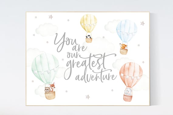 Nursery decor gender neutral, Hot air balloon nursery, you are our greatest adventure, animal prints, twin nursery, animal nursery, travel