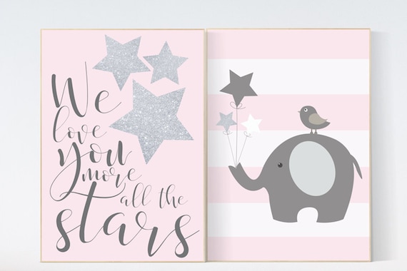 We love you more than all the stars, elephant nursery art, pink gray nursery decor, baby girl nursery decor, pink silver, kids room decor