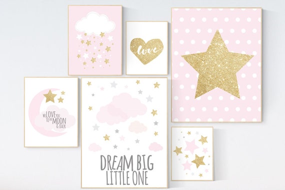 Nursery decor girl pink and gold, stars nursery decor, dream big little one, pink gold nursery print, moon and back, cloud and stars, pink