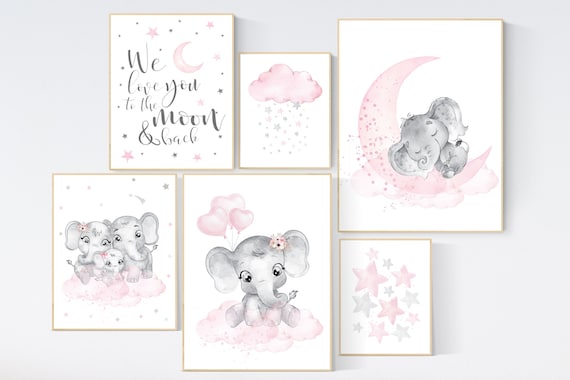 Nursery wall art girl elephant, pink grey, nursery decor girl pink, we love you to the moon and back, moon and stars, baby room decor girl