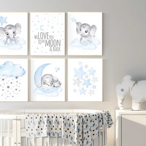 Nursery wall art boy, animal prints, elephant, moon, stars, cloud, nursery wall art, elephant nursery art, boy nursery ideas, animal art