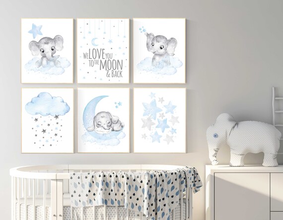 Nursery wall art boy, animal prints, elephant, moon, stars, cloud, nursery wall art, elephant nursery art, boy nursery ideas, animal art