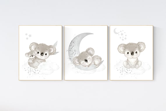 Koala nursery, grey nursery, gender neutral nursery, gray nursery art, animal prints, neutral colors, koala bear, baby room decor