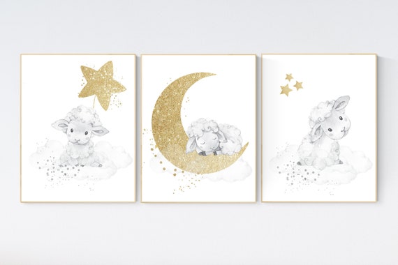 Sheep nursery decor, gold and gray nursery decor, grey, nursery decor lambs, nursery wall art sheep, moon and cloud, gender neutral nursery