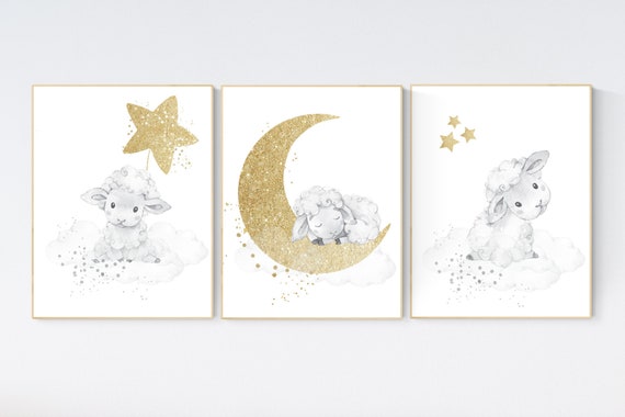 Sheep nursery decor, gold and gray nursery decor, grey, nursery decor lambs, nursery wall art sheep, moon and cloud, gender neutral nursery