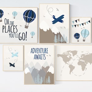 Travel themed nursery, hot air balloon, adventure nursery, mountain, adventure awaits, planes, world map, gender neutral, nursery prints