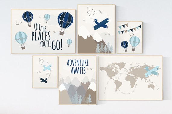 Travel themed nursery, hot air balloon, adventure nursery, mountain, adventure awaits, planes, world map, gender neutral, nursery prints