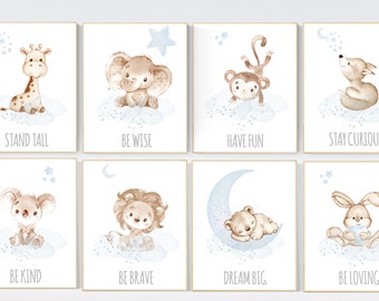 Animal prints, boy nursery decor, pale blue, elephant, giraffe, bear, lion, koala, monkey, blue nursery, animal nursery, nursery prints