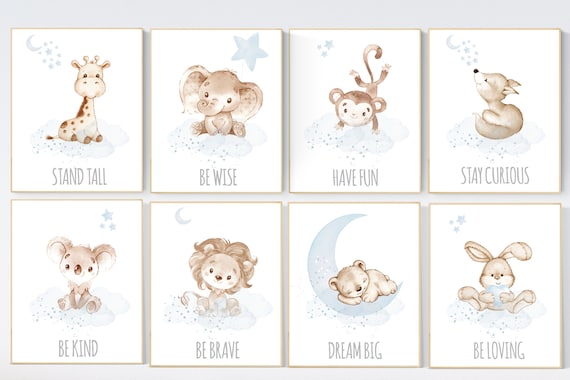 Animal prints, boy nursery decor, pale blue, elephant, giraffe, bear, lion, koala, monkey, blue nursery, animal nursery, nursery prints