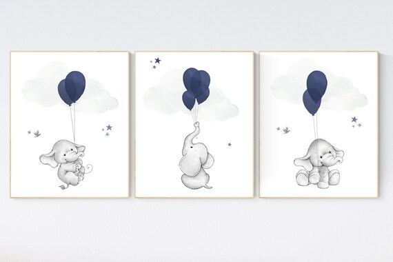 Nursery decor boy elephant, navy nursery wall art, elephant balloon print, navy blue, navy gray nursery wall decor, boy nursery ideas