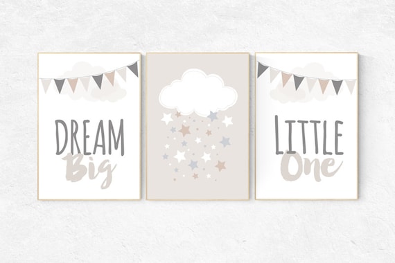 Dream Big Little One, gender neutral nursery, beige and cream, cloud Nursery, Nursery Decor, Gray Beige gender neutral baby shower