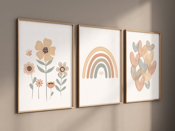 Rainbow nursery, gender neutral, earth colors, flower nursery, rainbow prints, heart print, neutral colors, baby room decor, vintage flower