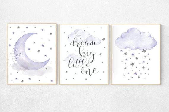 Nursery decor girl purple, lavender and grey, nursery wall decor,  lilac nursery, dream big little one, cloud, stars, moon, set of 3 prints