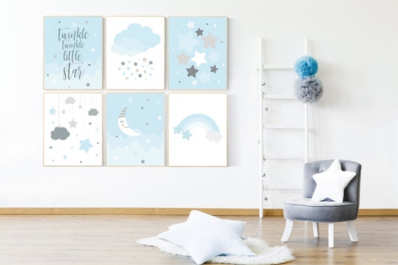 Star nursery, Moon nursery, Boy nursery prints, blue nursery decor, twinkle twinkle little star, blue gray Nursery decor boy, moon and cloud