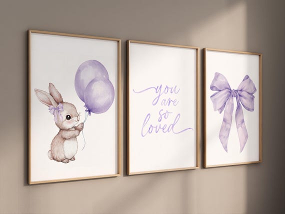 Purple bunny nursery art, watercolor rabbit print, baby girl room decor, pastel bow wall print, you are so loved, baby room print, nursery