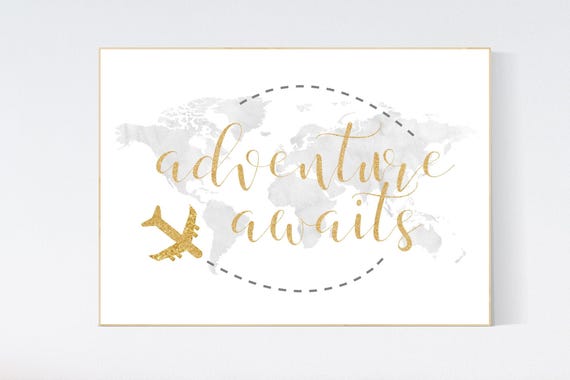 Watercolor world map, gold nursery, adventure awaits, gray nursery, travel theme nursery, world map poster, adventure nursery