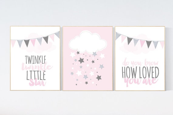 Baby girl nursery, Twinkle Twinkle Little Star, baby girl nursery ideas, cloud nursery art, pink silver nursery, girls room wall art, baby