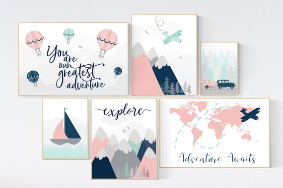 Adventure awaits nursery, Mountain art print set, coral navy mint, Adventure nursery,  coral mint girl, airplane, world map, hot air balloon