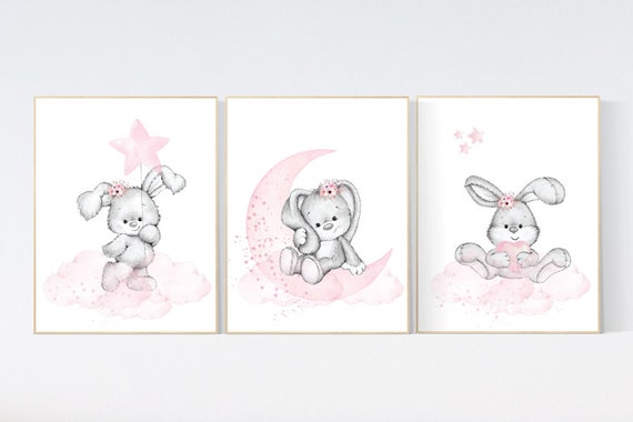 Bunny print nursery girl, Nursery decor girl flower bunny, nursery wall art bunny, pink and gray, rabbit nursery art, rabbit print nursery