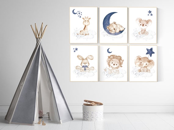 Animal nursery wall art, Nursery decor boy , elephant, bunny, bear, giraffe, lion, koala, baby room art, navy blue nursery, animal prints