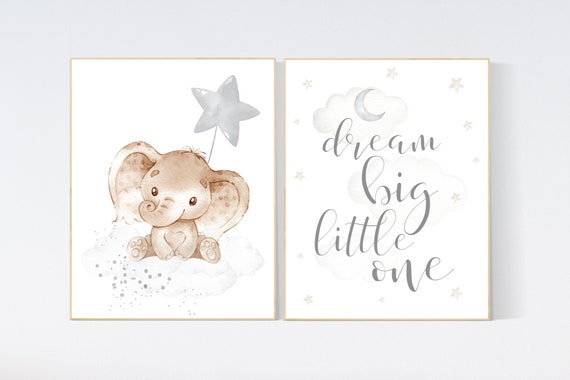 Nursery wall art animals, gray nursery, gender neutral nursery, neutral nursery, baby room decor, elephant, dream big little one