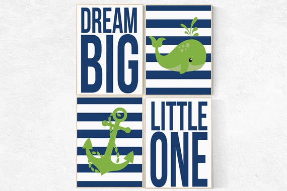 Nautical Nursery Art Print Set , Navy Blue, Green, dream big little one, whale nursery decor, baby boy nursery nautical prints nursery decor