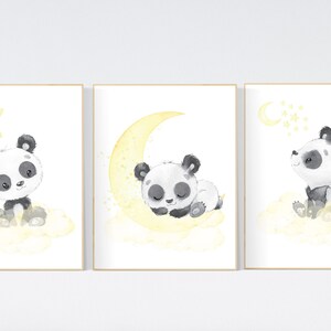 Panda nursery, yellow nursery decor, gender neutral prints, yellow gray nursery wall art, panda prints, animal nursery wall art, neutral
