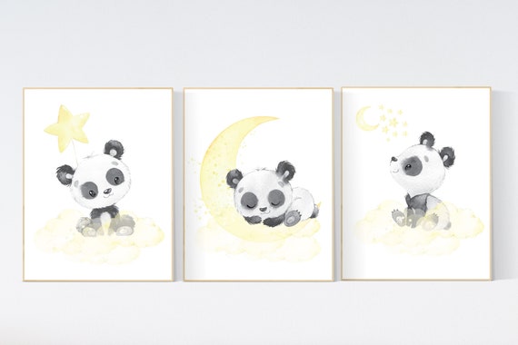 Panda nursery, yellow nursery decor, gender neutral prints, yellow gray nursery wall art, panda prints, animal nursery wall art, neutral