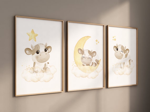 Cow nursery decor, Yellow nursery, nursery wall art cow, moon, stars, gender neutral, yellow and gray nursery art, baby room art