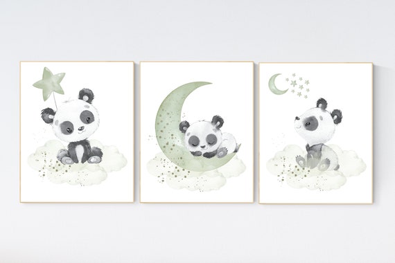 Panda nursery, sage green nursery decor, gender neutral prints, mint nursery wall art, panda prints, animal nursery wall art, neutral